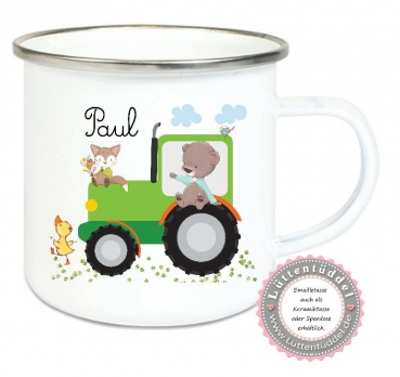 Preview: ♥ zauberhafte Tasse Emailletasse, Becher,  Traktor Trecker kleiner Bär, Fuchs, Name,  Wunschname, KITA Kindergarten, Einschulung, Dankeschön, Abschied, Jubiläum, Geschenk, Becher von Lüttentüddel